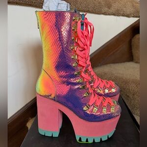 CLUB EXX Dolls Kill Holographic Rainbow Purple Pink Turquoise Platform Boots 9